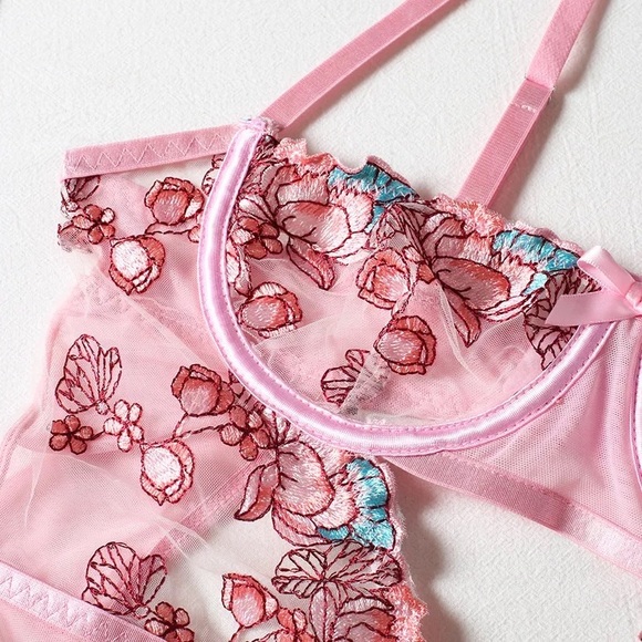 NWT underwire bodysuit pink contour bodysuit mesh transparent suspender sexy - Picture 6 of 15